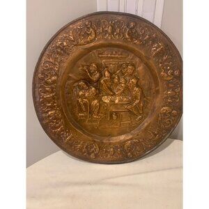Antique Copper Repousse Figural Tavern Scene 17” Plaque